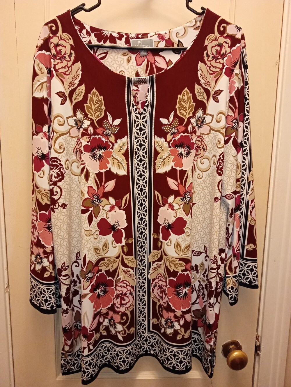JM Collection Women’s Floral Scoop-Neck Tunic Top - Burgundy/Cream